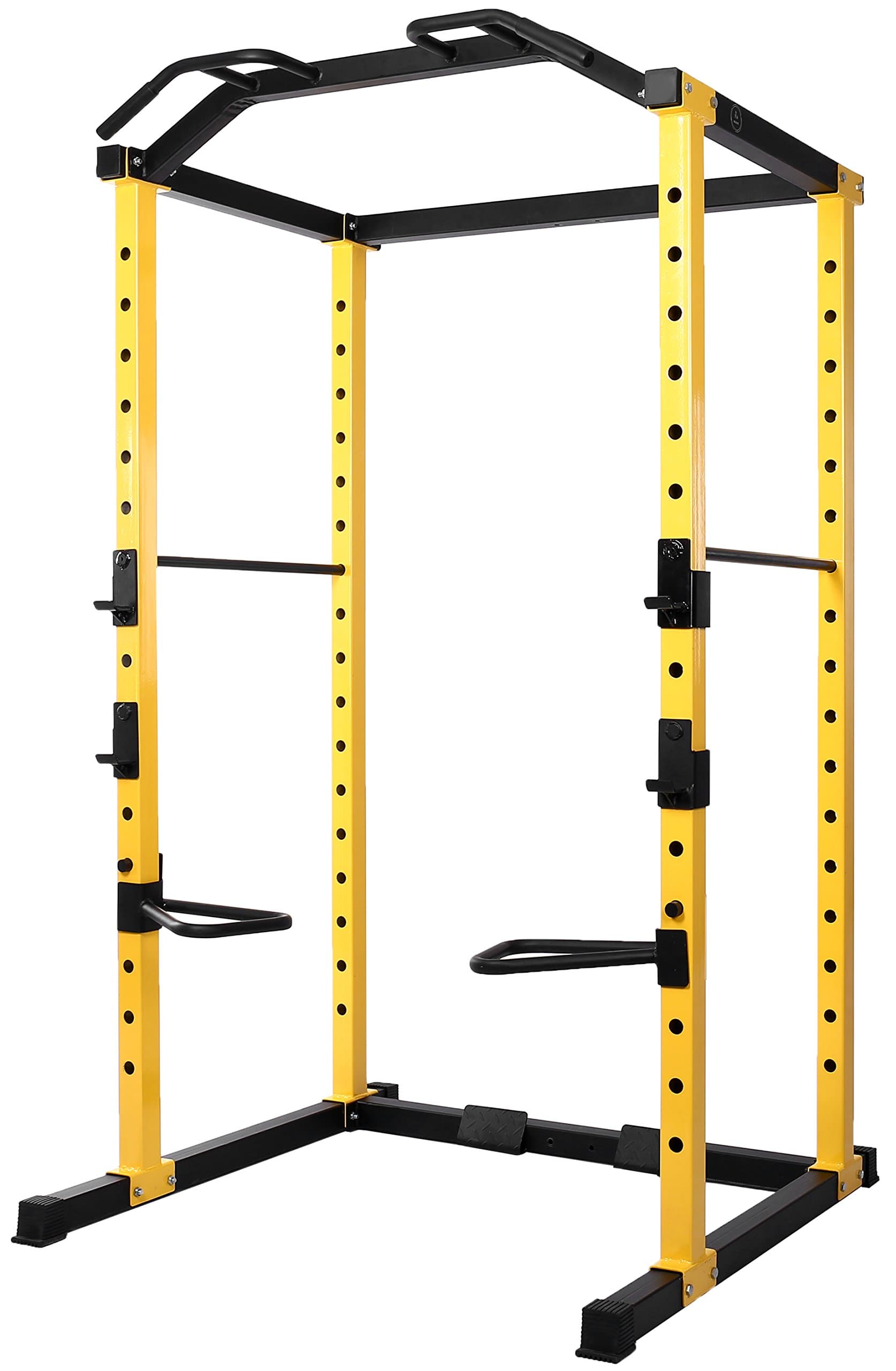 HulkFit 800-Pound Capacity Multi-Function Adjustable Power Cage with J-Hooks, Dip Bars and Other Optional Attachments, Yellow