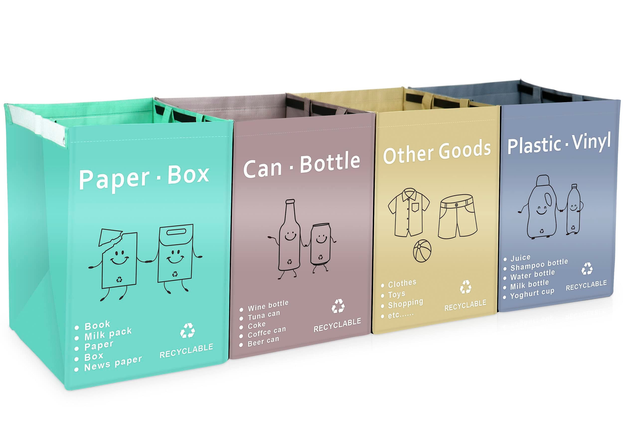 Recycling Waste Bin Bags, Recycle Bin, Trash Sorting Bins Organizer Baskets 36 Gallon for Kitchen Home, Reusable Waterproof Compartment Container, Pack of 4 Bags