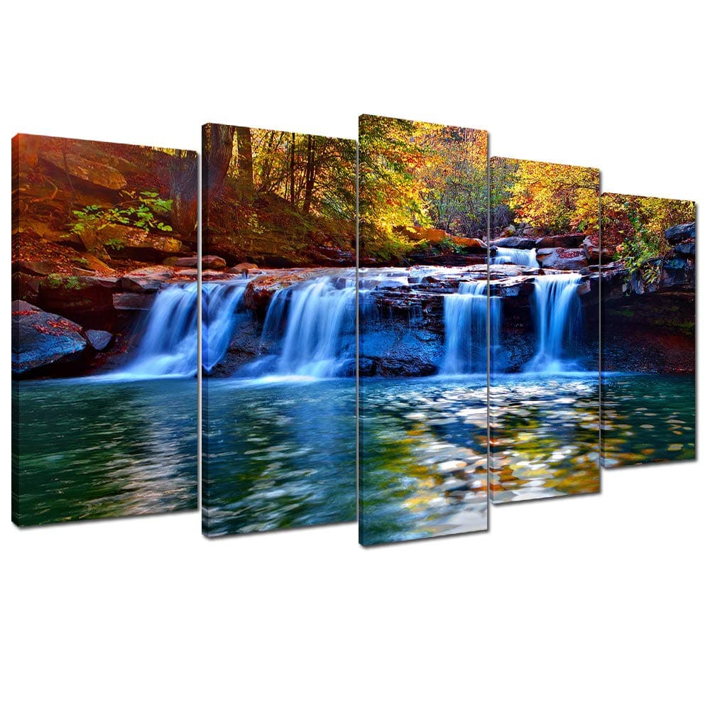 Wallfeeling Arts Dreamlike Waterfall Canvas Print Picture for Living Room Decoration Stretched XLarge 5 Panels Painting Wall Art Print on Blue Canvas- High Definition Modern Home Decor