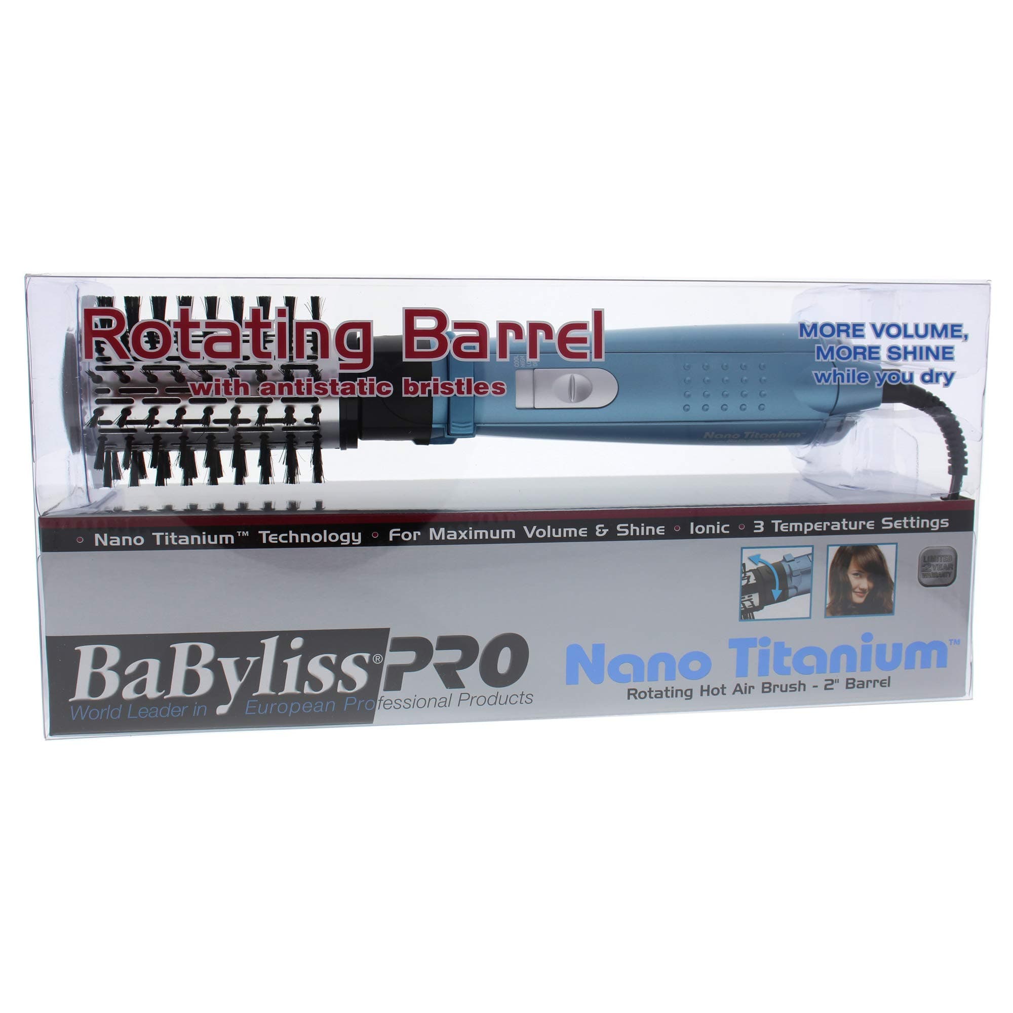 BaBylissPRO Nano Titanium Rotating Hot Air Brush, Blue, 2 Inch (Pack of 1)