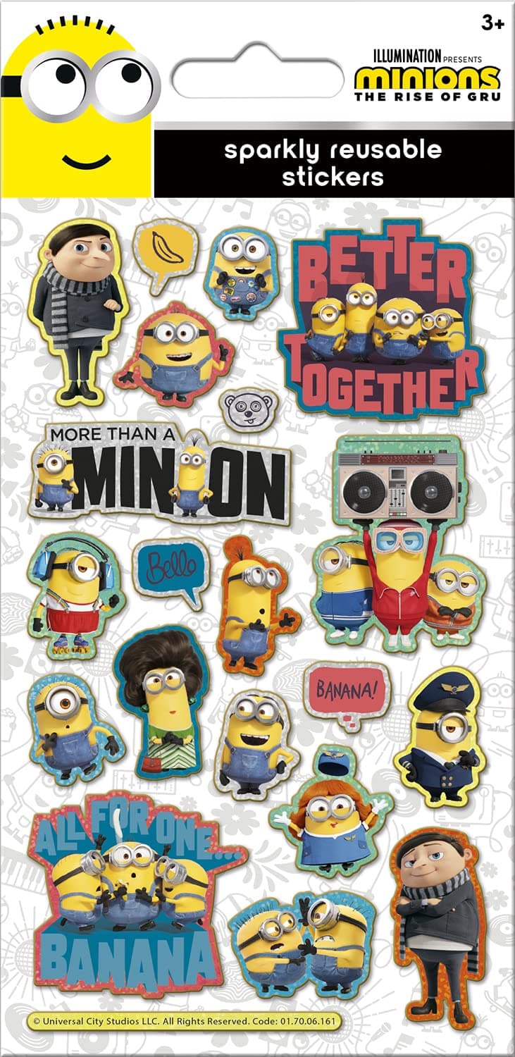 Paper Projects Minions: The Rise of Gru Sparkly Reusable Stickers | Official Licensed Product | Reusable on Non-Porous Surfaces, White