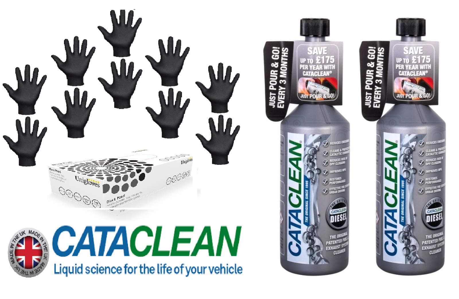 2 x Cataclean Diesel Engine and Catalytic Converter Cleaning Treatment & 100 (50 Pairs) Of Black Nitrile Gloves