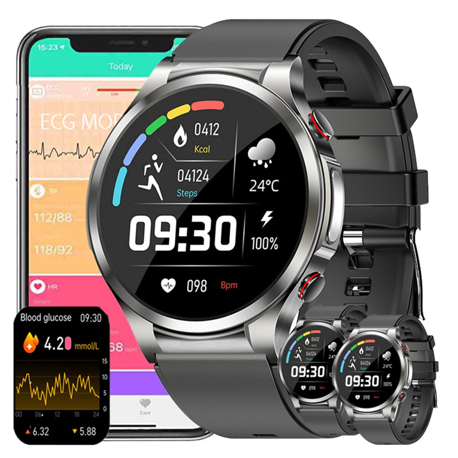 FufizuEcg Smart Watch Blood Sugar Gluocse Glucometer,Smart Watch Glucometer Blood Glucose Digital Sports Watch ECG Monitoring,smart Watch Diabetes,Fitness Tracker Men Women,Gray,Large