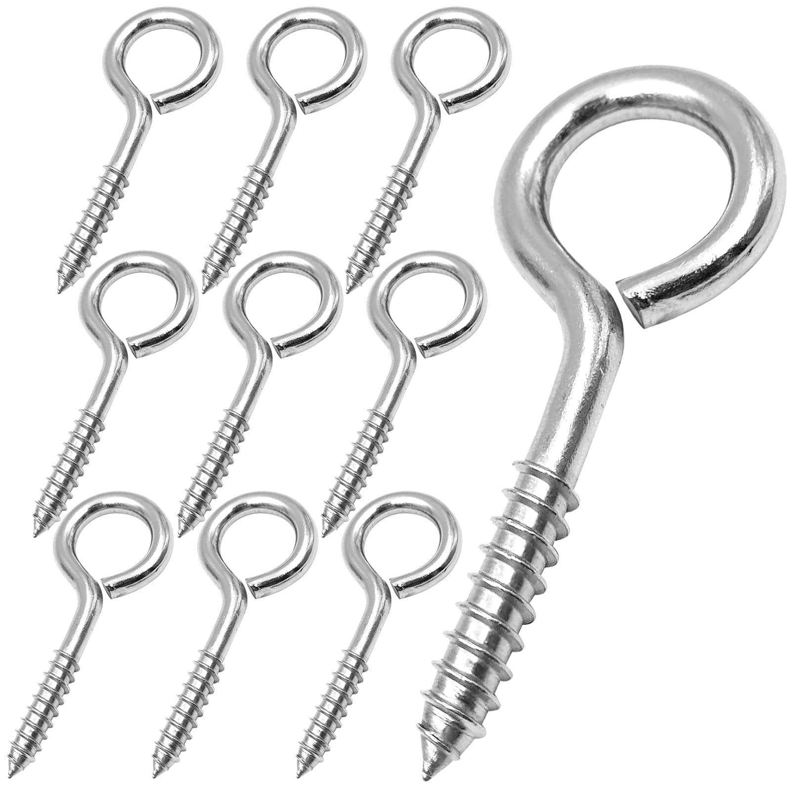 YGAOHF 2.5 Inches Eye Hooks Screw, 10 Pcs 304 Stainless Steel Heavy Duty Eye Bolts Screw in, Silver Eye Screws for Wood, Eye Bolt for Secure Cable Wires, Safe for Indoor and Outdoor Use