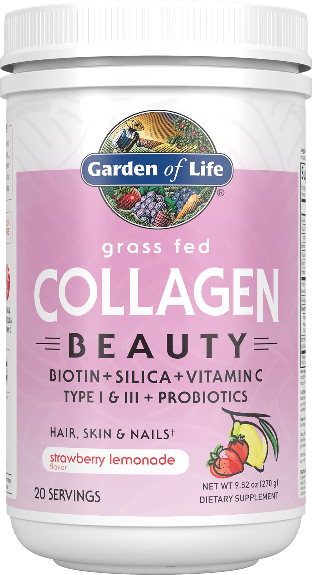 Grass Fed Collagen Beauty - Strawberry Lemonade, 20 Servings, Powder for Women Men Hair Skin Nails, Hydrolyzed Collagen Peptides Protein Powder Supplement