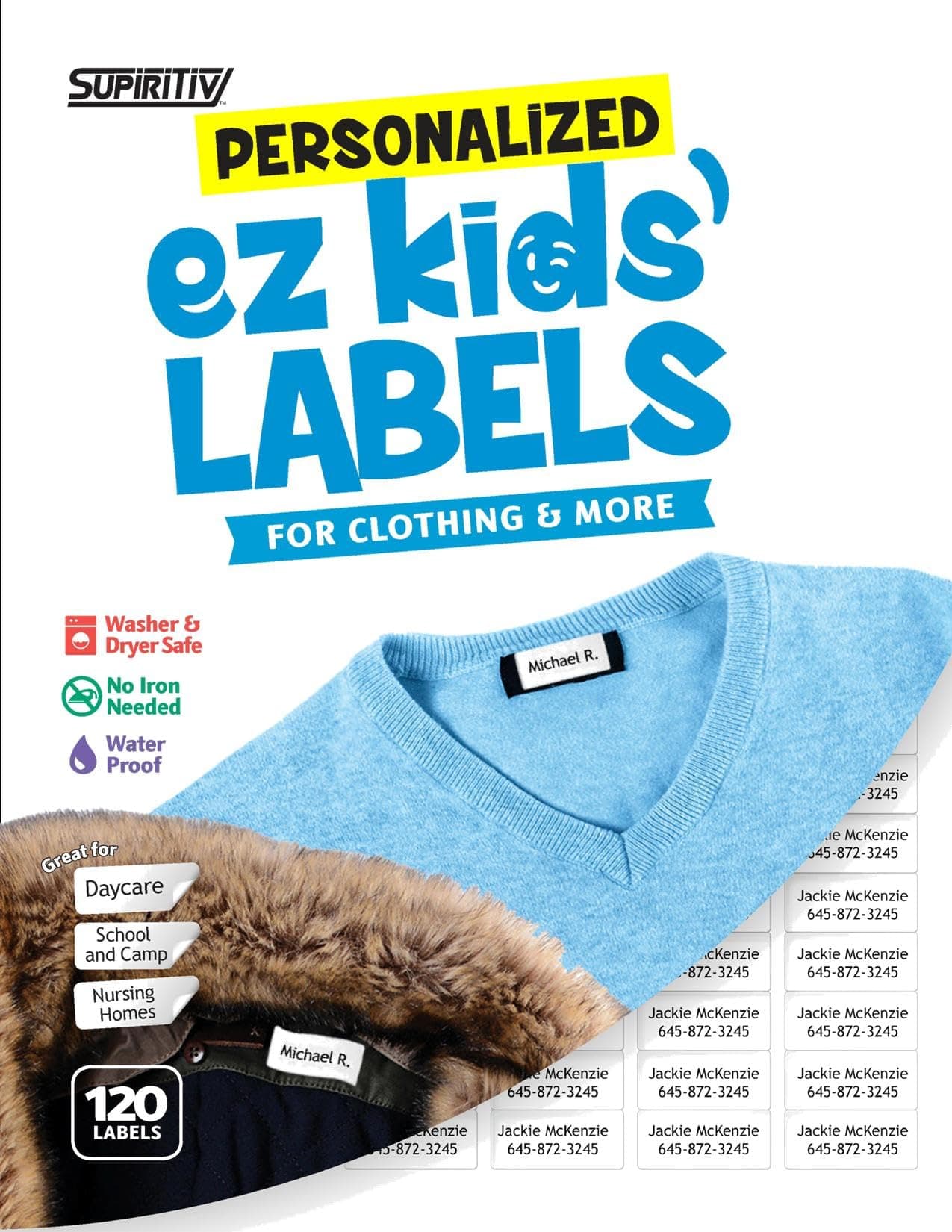 120 Custom Personalized Waterproof Name Labels | Self Stick | Clothing, School, Camp, Nursing, Toys, All Purpose | Ez Kids and All Ages | Washer, Dryer & Dishwasher Safe | No-Iron (No Icon)