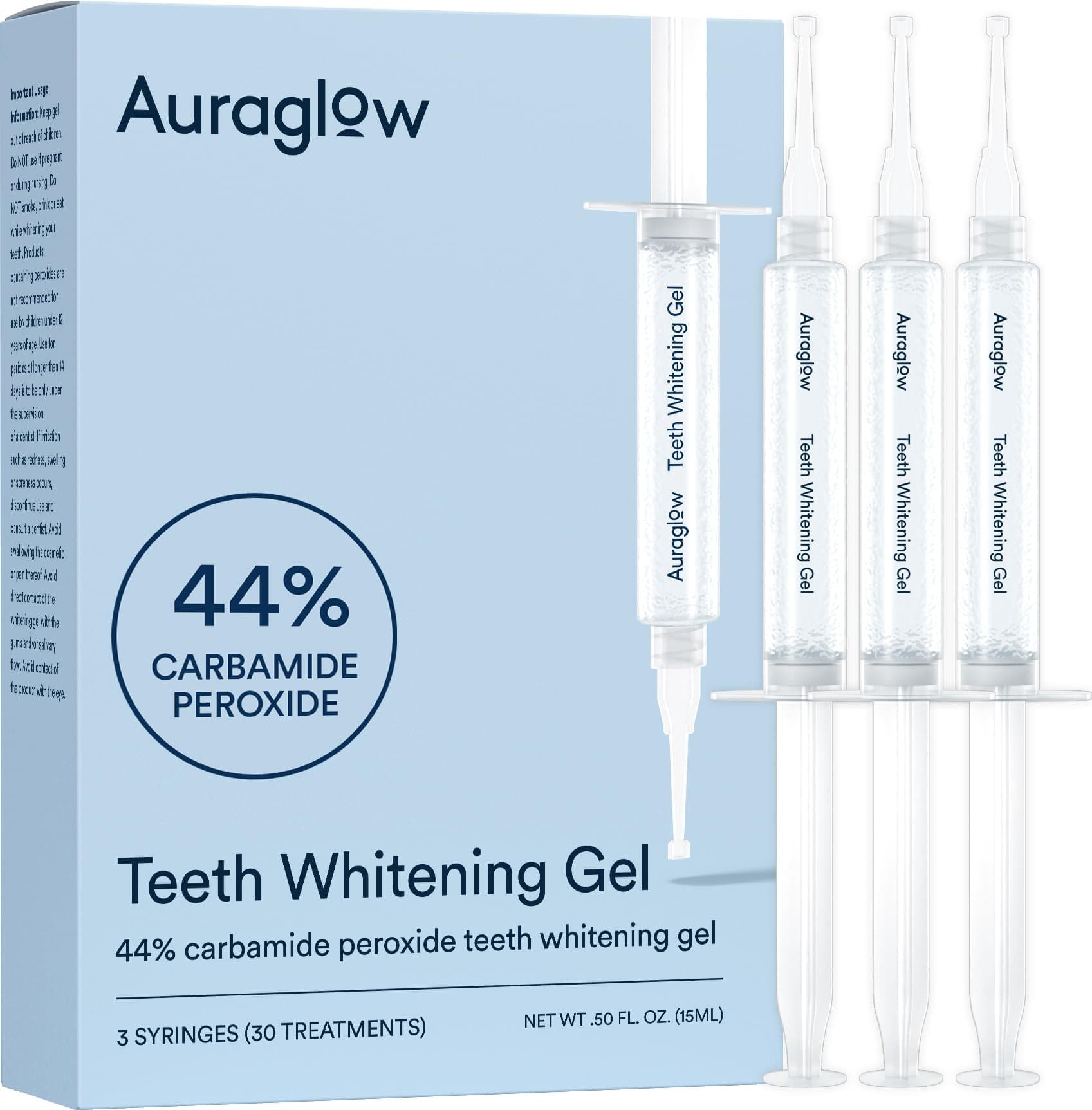 Auraglow 44% Teeth Whitening Gel for Trays, Retainers & Aligners – Dentist Strength Carbamide Peroxide Whitener, 30 Treatments, 3 Syringes (5mL)