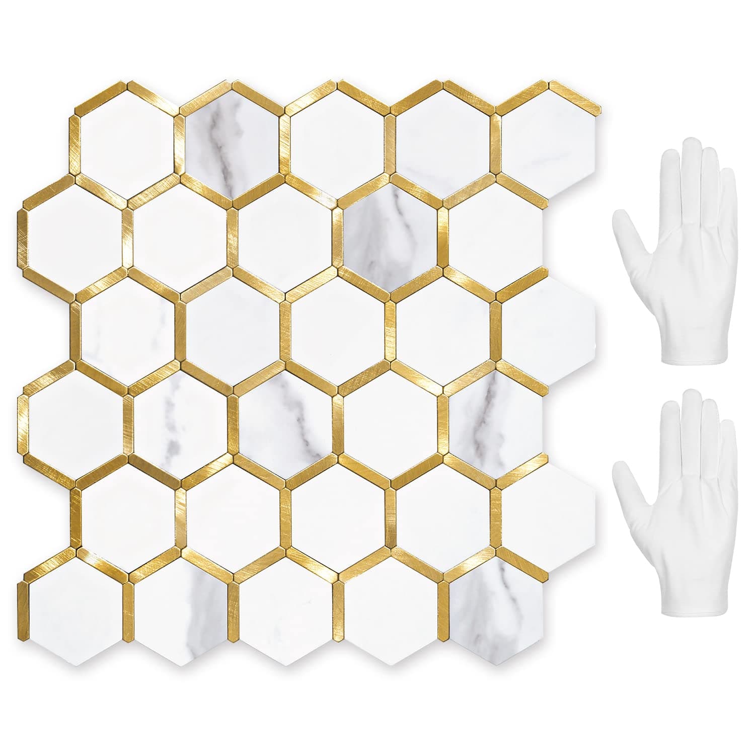Hexagon Peel and Stick on Backsplash for Kitchen and Bathroom, White Marble Look PVC Mixed Metal Gold Self Adhesive Metal Mosaic Tiles(10 Sheets, Seamless)