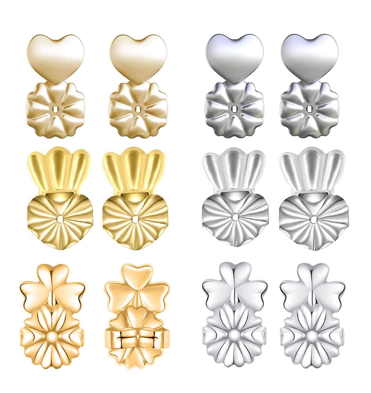 Wahbite 6 Pairs Earring Lifters, Adjustable Hypoallergenic Earring Secure Backs, 18K Gold Plated, Sterling Silver, Heart-Shaped, Crown & Clover Style