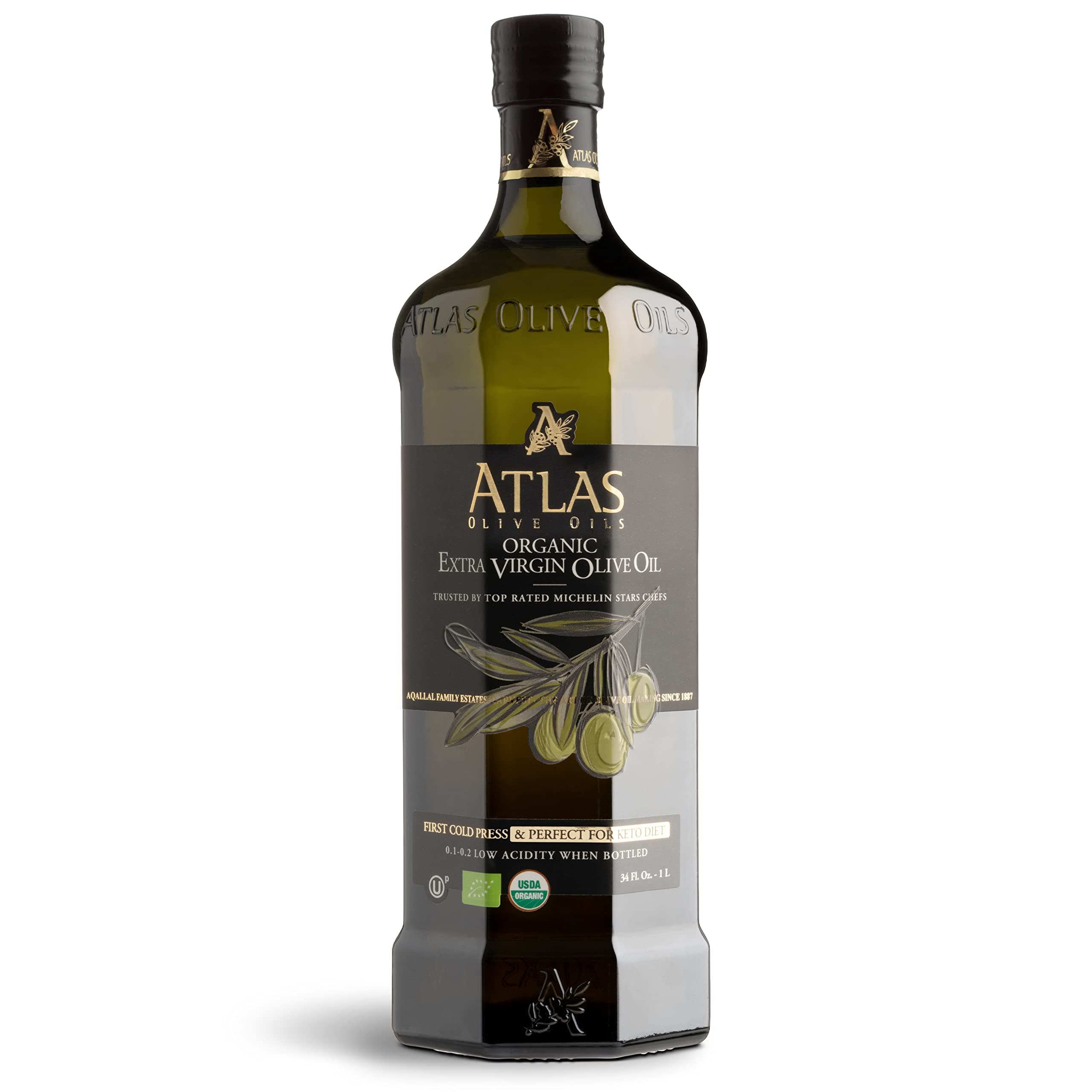 A ATLAS OLIVE OILS Organic Cold Press Extra Virgin Olive Oil with Polyphenol Rich, Newly Harvested Unprocessed from One Single Family Farm Cold Press Ext. Virgin 34 Fl Oz (Pack of 1)