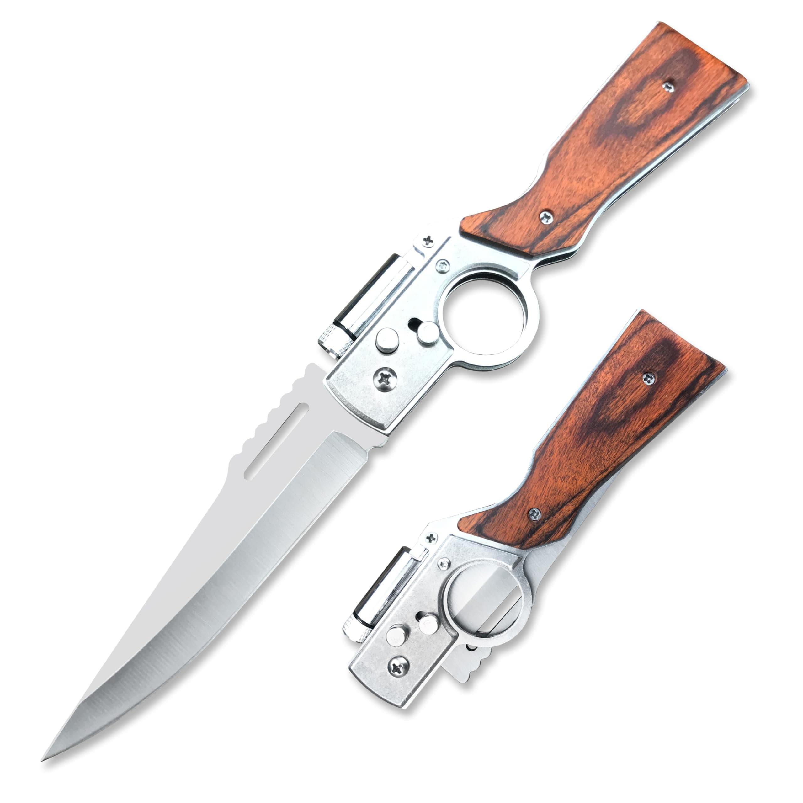 HUAAO 10 inch Flipper Folding Pocket Knife With Light,Stainless Steel Blade, Wooden handle, EDC Knives for Hiking, Emergency,Outdoor, Camping, Gift Nylon Sheath