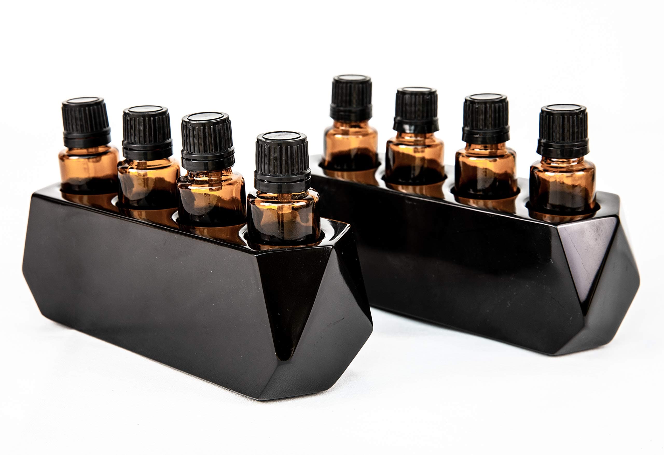 Diamond Set of Stone Essential Oil Holders-100% Stone and Handmade-Decorative Display Case Box Organizer-Set of 2 Pieces, Holds 4, 15ml Bottles Each (Classy Black)