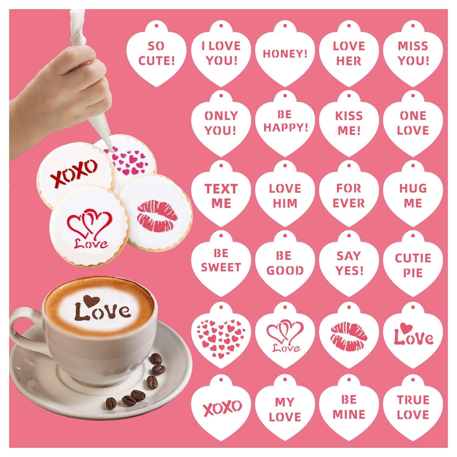 25PCS Valentine Heart Stencils, Reusable Cookie Coffee Cake Stencils for Valentine Decorations, Templates Baking Tools for Decorating Food, Wedding Party Décor