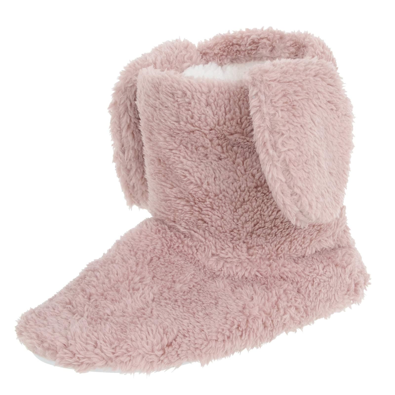 Womens Soft Warm Bootie Slippers Ladies Girls Sherpa Lined Boots with Floppy Bunny Ears Pink or Grey Non Slip Hard Soles