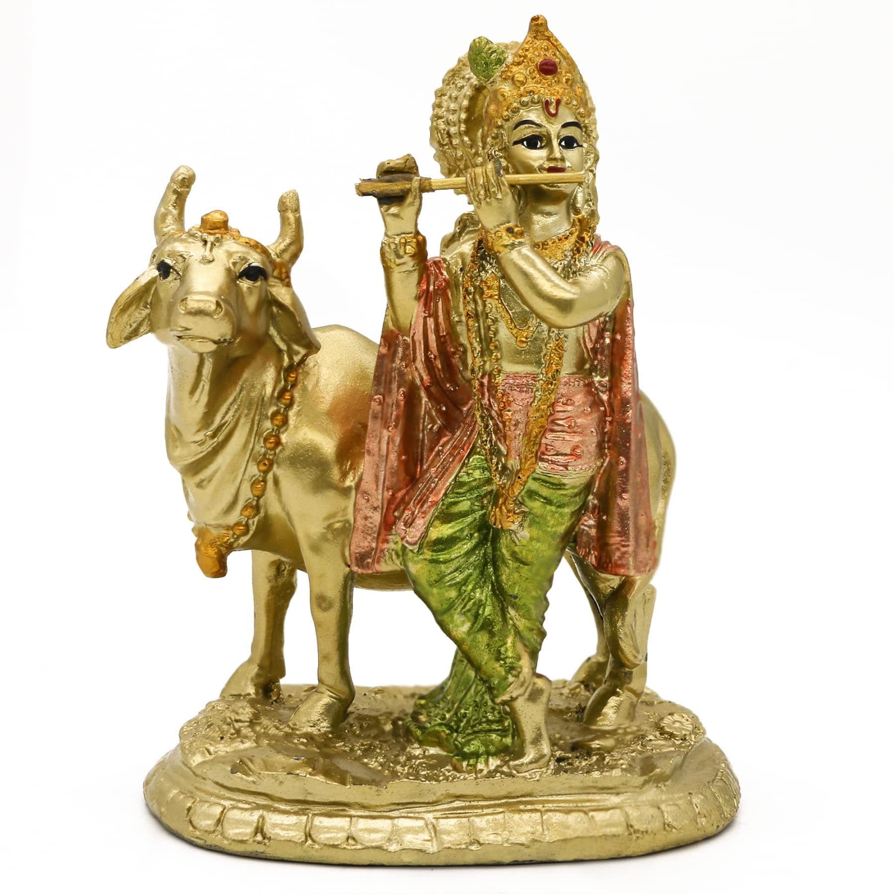 alikiki Hindu God Krishna Statue - 5.3 Inch Youth Krishna Idol and The Holy Cow Statue - Indian Buddha Statues Pooja Mandir for Home Yoga Room Decor