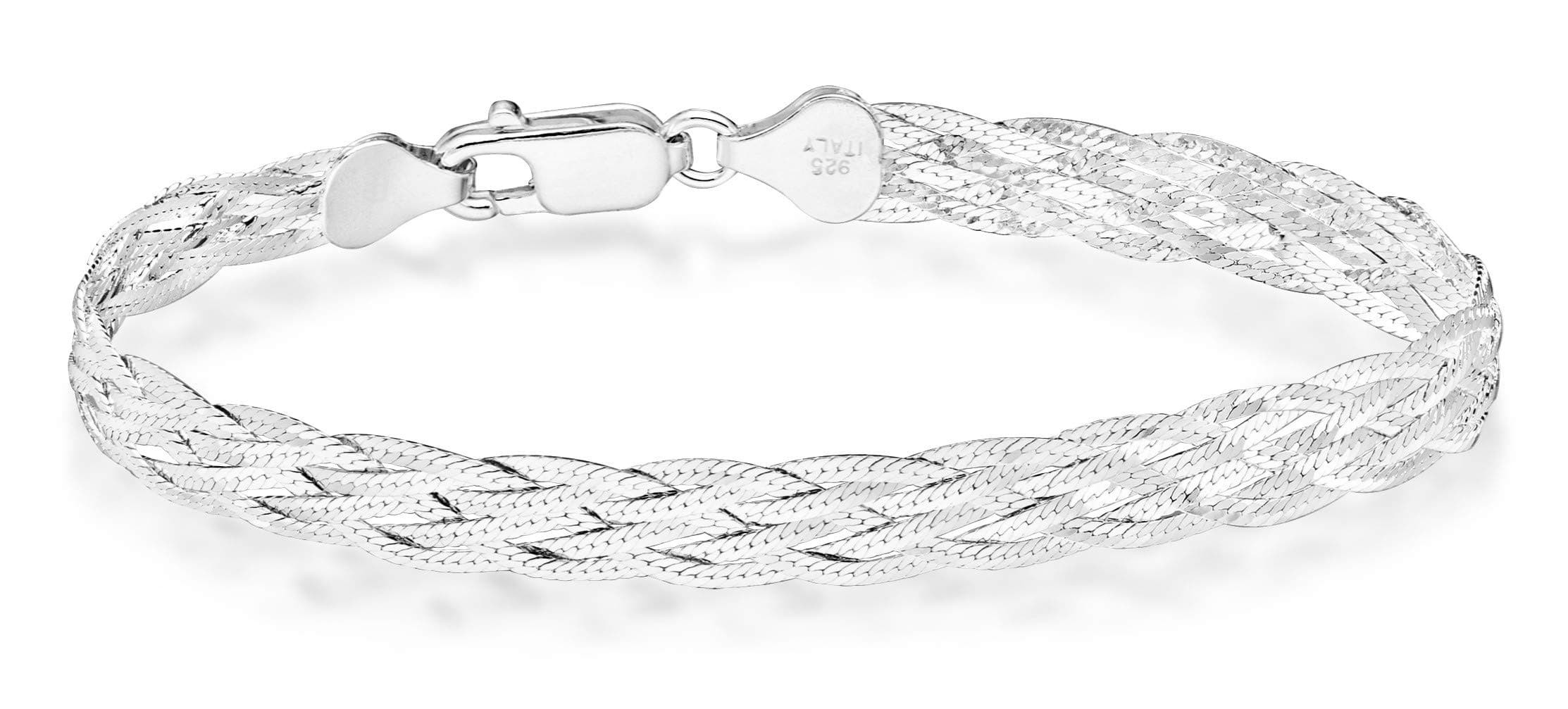 Italian 925 Sterling Silver, Tri-Color 18K Gold Plated 6-Strand Diamond-Cut 7mm Braided Herringbone Chain Bracelet for Women, Made in Italy