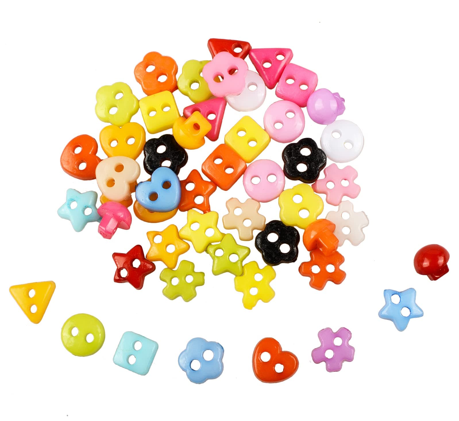 100Pcs Colorful Mini Handmade Buttons for DIY (Star, Flower, Mushroom, Triangle, Square, Circle)
