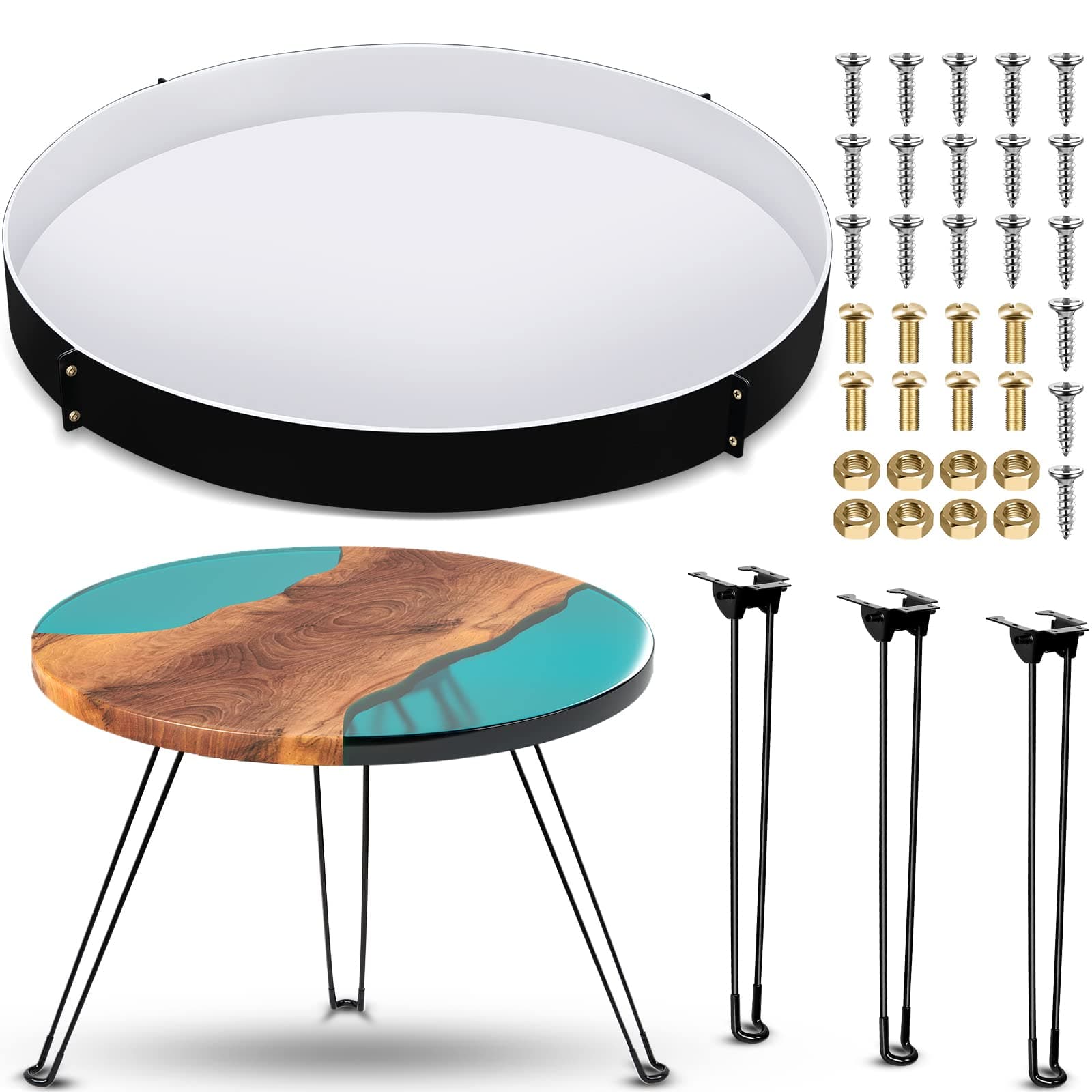 Lallisa 24 Inch Extra Large Resin Table Molds Round Epoxy Set With Metal Frame 3 Hairpin Legs For Mold Charcuterie Board River Diy Art