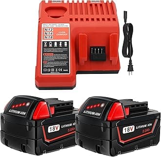 2 Pack 5.0Ah 18V Replacement Batteries and Charger Replacement for Milwaukee M18 Lithium Ion Battery Compatible with Milwaukee 48-11-1815 48-11-1820 48-11-1828 Cordless Power Tools
