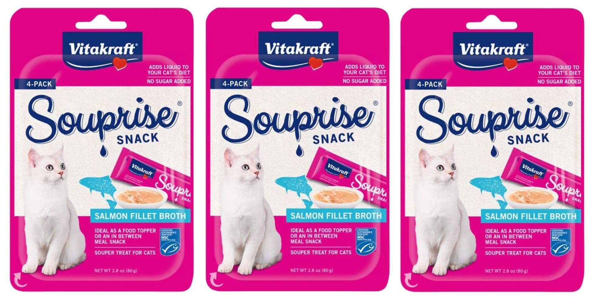 Vitakraft 3 Pack of Salmon Fillet Broth Souprise Snack, 4 Tubes Each, Lickable Cat Treat