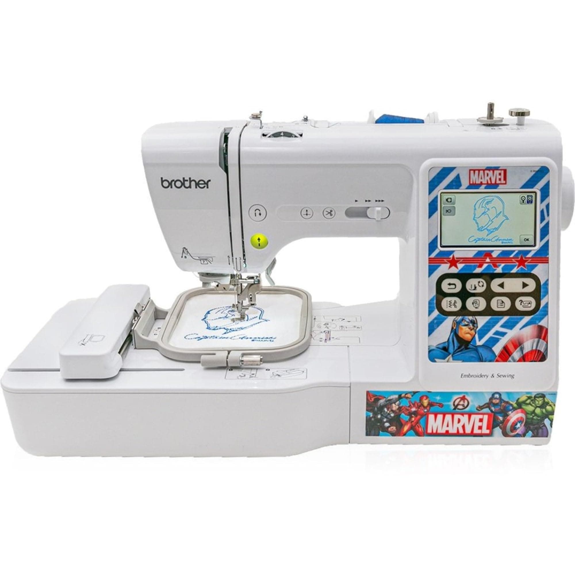 Sewing and Embroidery Machine, 4 Marvel Faceplates, 10 Downloadable Marvel Designs, 80 Designs, 103 Built-In Stitches, 4" x 4" Hoop Area, 3.2" LCD Touchscreen Display, 7 Included Feet