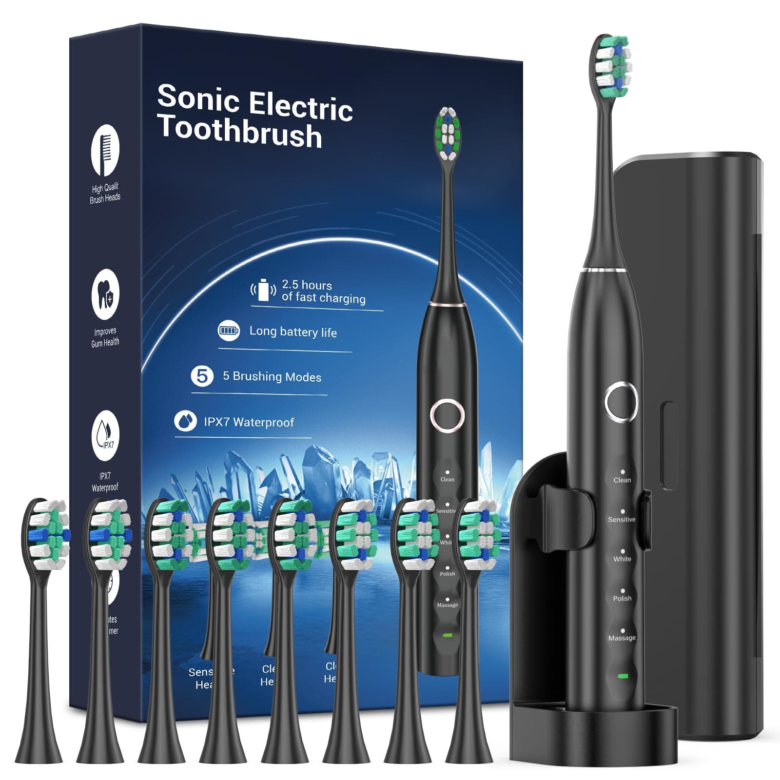 Rtauys S5 Upgraded Sonic Electric Toothbrush for Adults with 8 Brush Heads, IPX7 Travel Electric Toothbrush with Travel Case, 2.5 Hours Charge for 120 Days, 5 Modes with Built-in Smart Timer Black