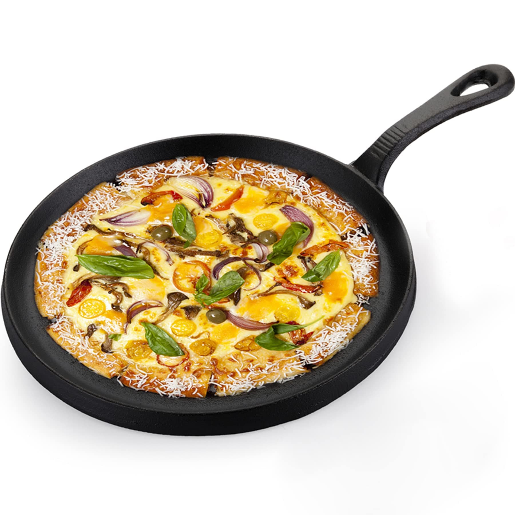 Yopay Round Cast Iron Griddle, 9.8 Inch Pre-Seasoned Skillet With Easy-Grip Handle, Grill or BBQ Hot Plate Pans, Black