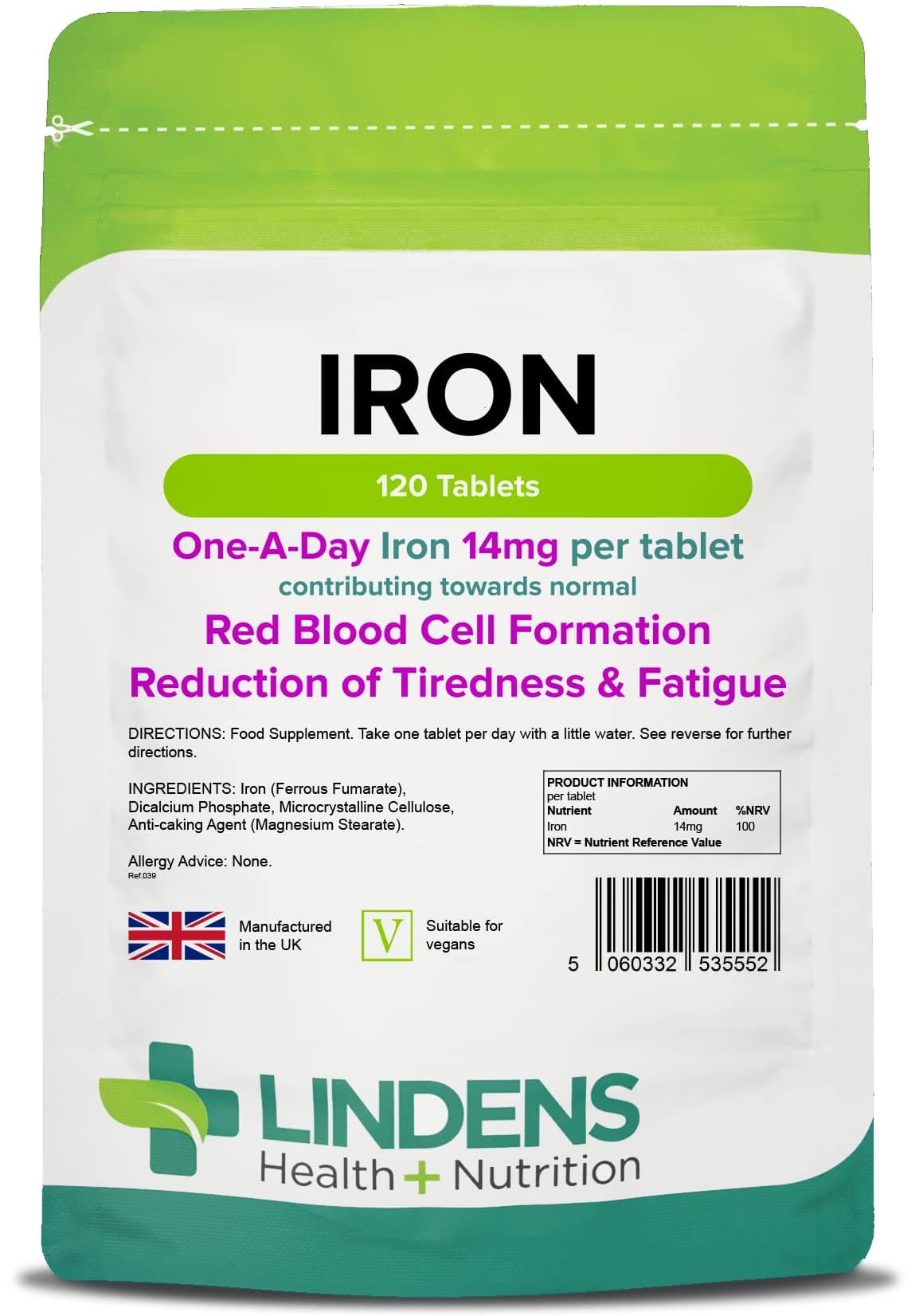 Iron 14mg - 120 Vegan Tablets - UK Made - Reduce Tiredness, Increase Energy | Creates Healthy Red Blood Cells | Normal Oxygen Transportation | (4 Months Supply), Letterbox Friendly