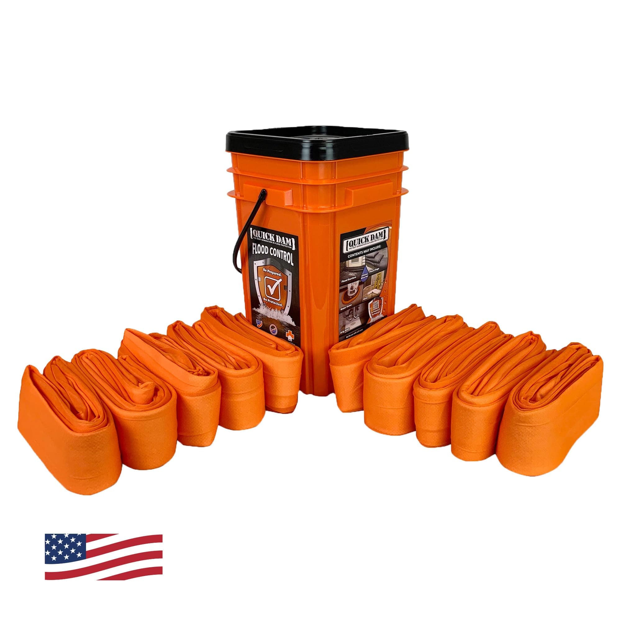 Quick Dam WUGG10-10 Emergency Flood Kit – 10 Pack of 10ft Water Dams (100ft Total) – Absorbs 3.75 Gal Each – Fast-Acting Indoor Flood Barrier with Hi-Vis Orange Bucket