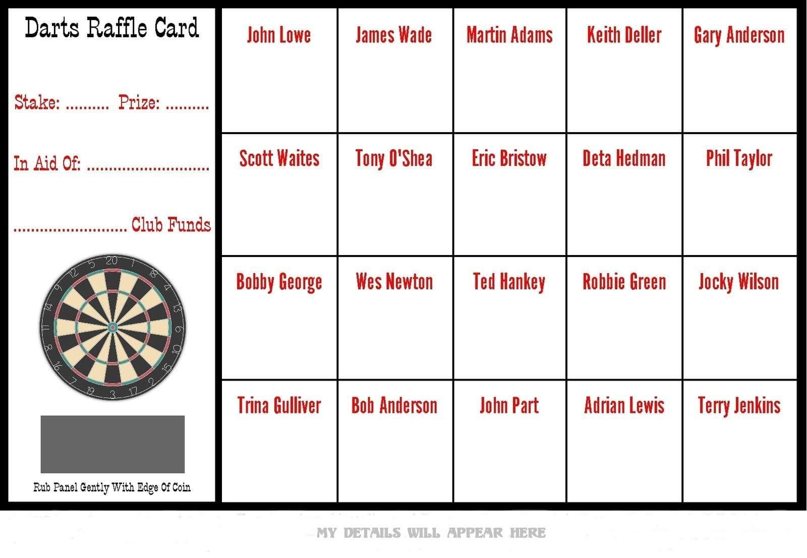 10 Darts Fundraising Raffle Cards (20 Teams)