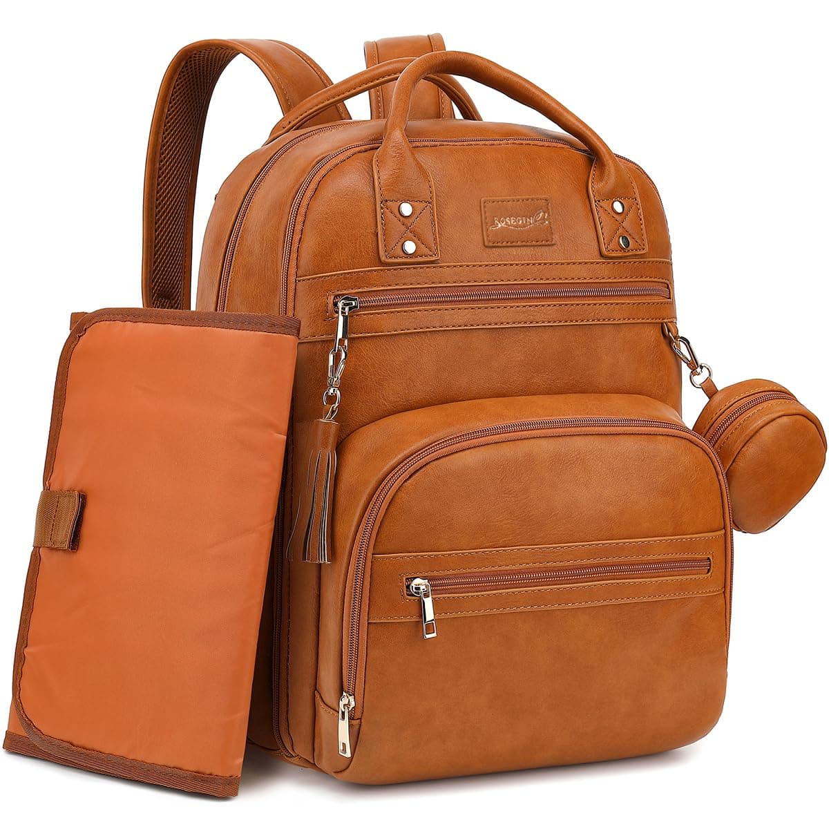 Premium Vegan Leather Diaper Bag Backpack with Waterproof Changing Pad, Reinforced Zippers & Odor-Free, 20 Pockets Pro Organizer, Fits 15.6" Laptop, Stroller Straps, Baby Bag for Mom, Brown