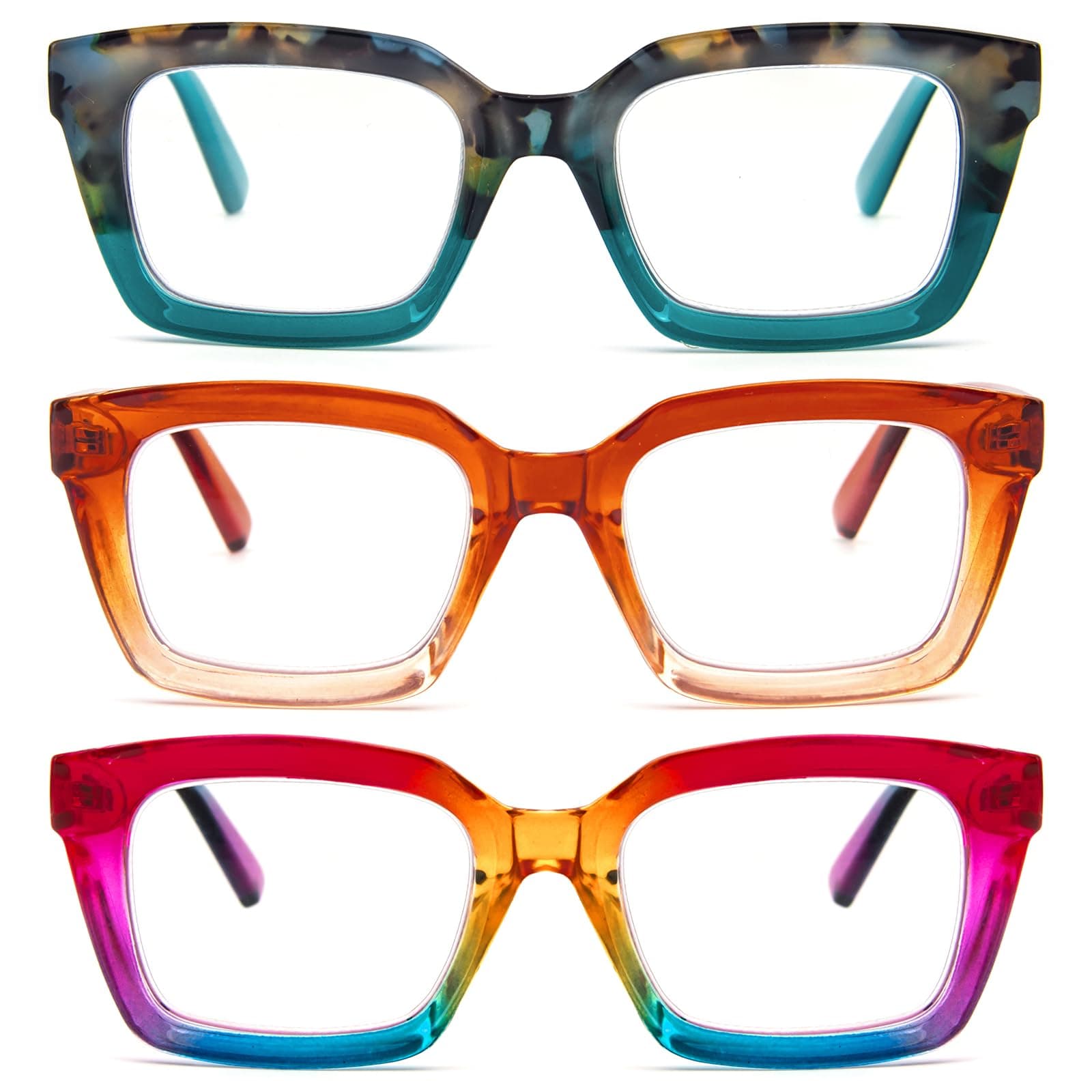 MMOWW 3-Pack Oversized Reading Glasses for Women - Anti Blue Light Glasses with Square Frame (Hawksbill blue+Orange+Rainbow, +3.5)