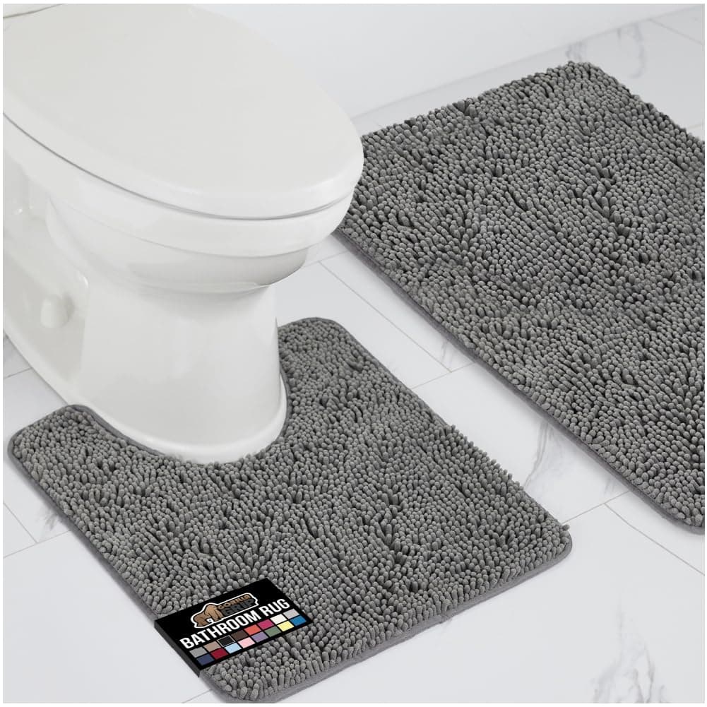 Original Shaggy Chenille 2 Piece Bath Rug Set Includes Oval U-Shape Contoured Mat for Toilet and 30x20 Carpet Rugs, Machine Wash/Dry, Plush Mats for Tub, Shower & Bath Room (Gray)