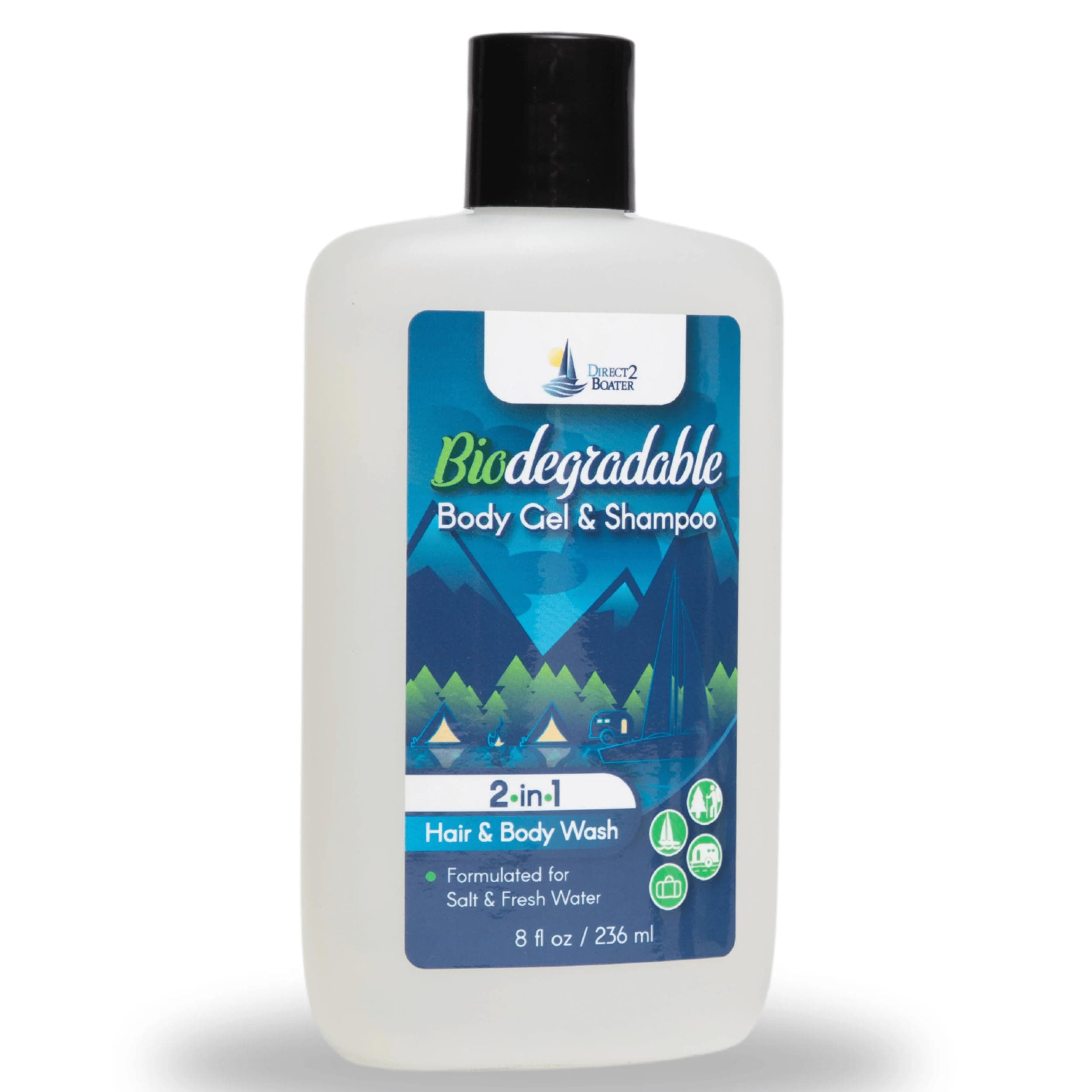 Direct 2 Boater Biodegradable Shampoo & Body Wash 8 oz - 2-in-1 Hair & Body Wash, For Fresh & Salt Water, No Dies or Fragrances