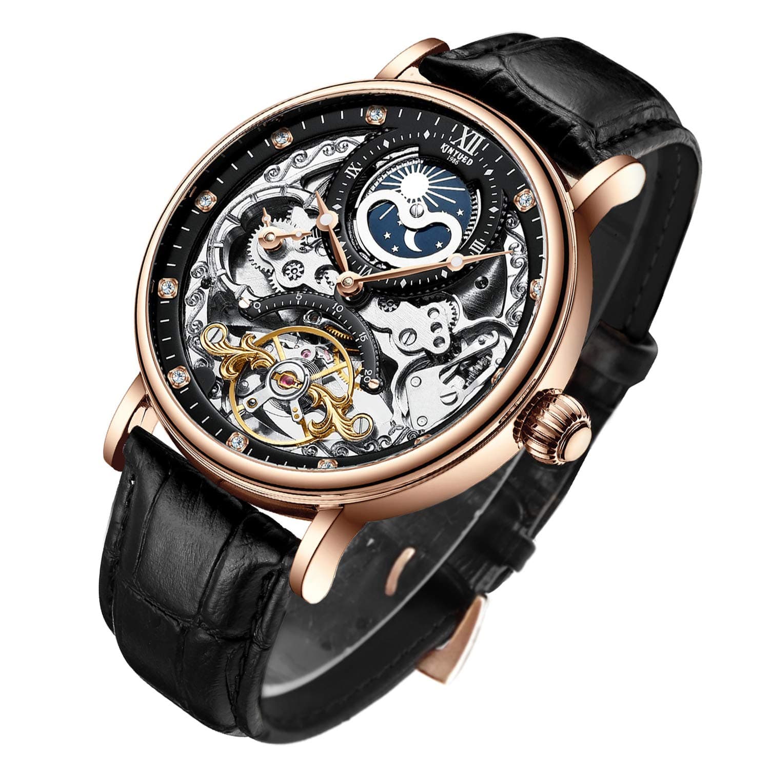 Bestn Mens Luxury Skeleton Automatic Mechanical Wrist Watches Leather Moon Phrase Luminous Hands Self-Wind Watch