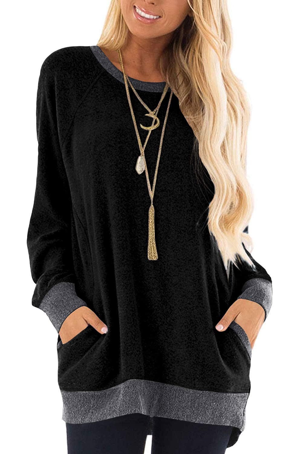 NSQTBA Womens Casual Sweatshirts Long Sleeve Oversized Sweaters with Pocket Shirts Tunic Tops S-2XL