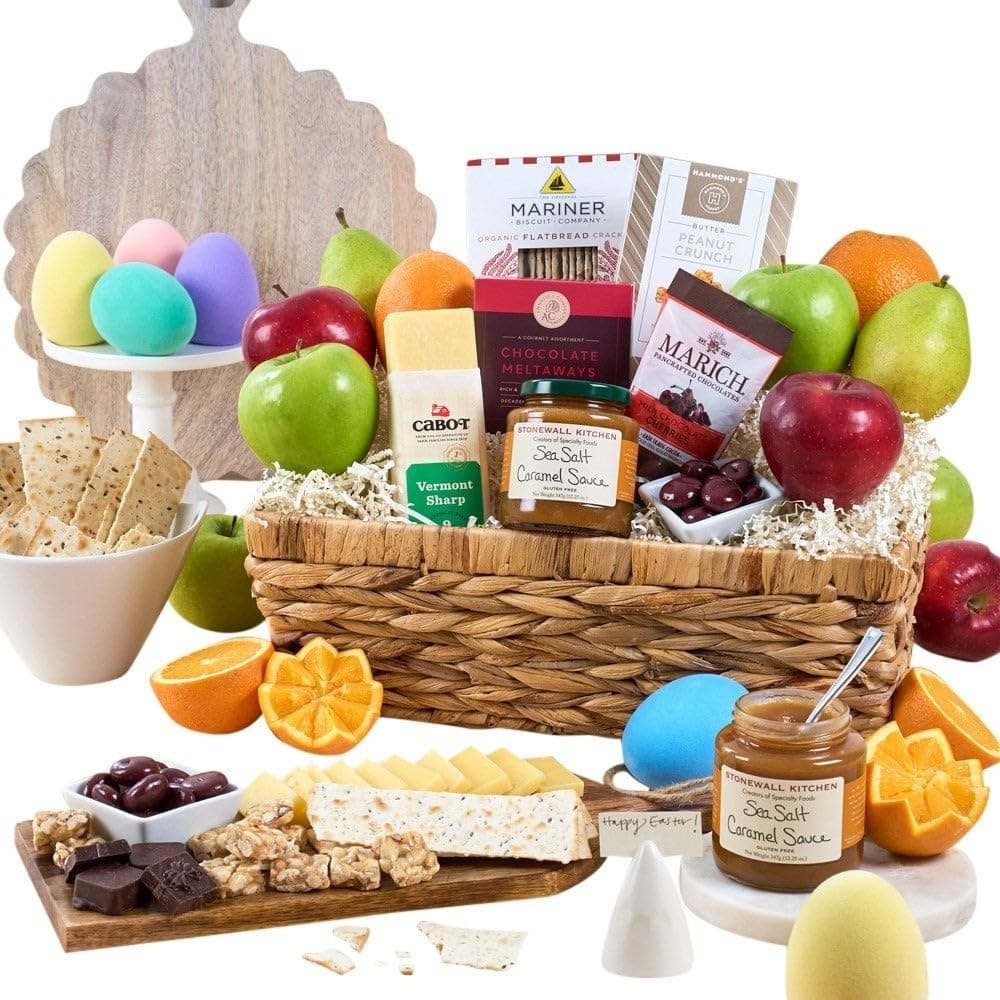 Easter Fruit Basket of Fresh Fruits, Cheese, Caramel Sauce and Chocolate by GourmetGiftBaskets.com
