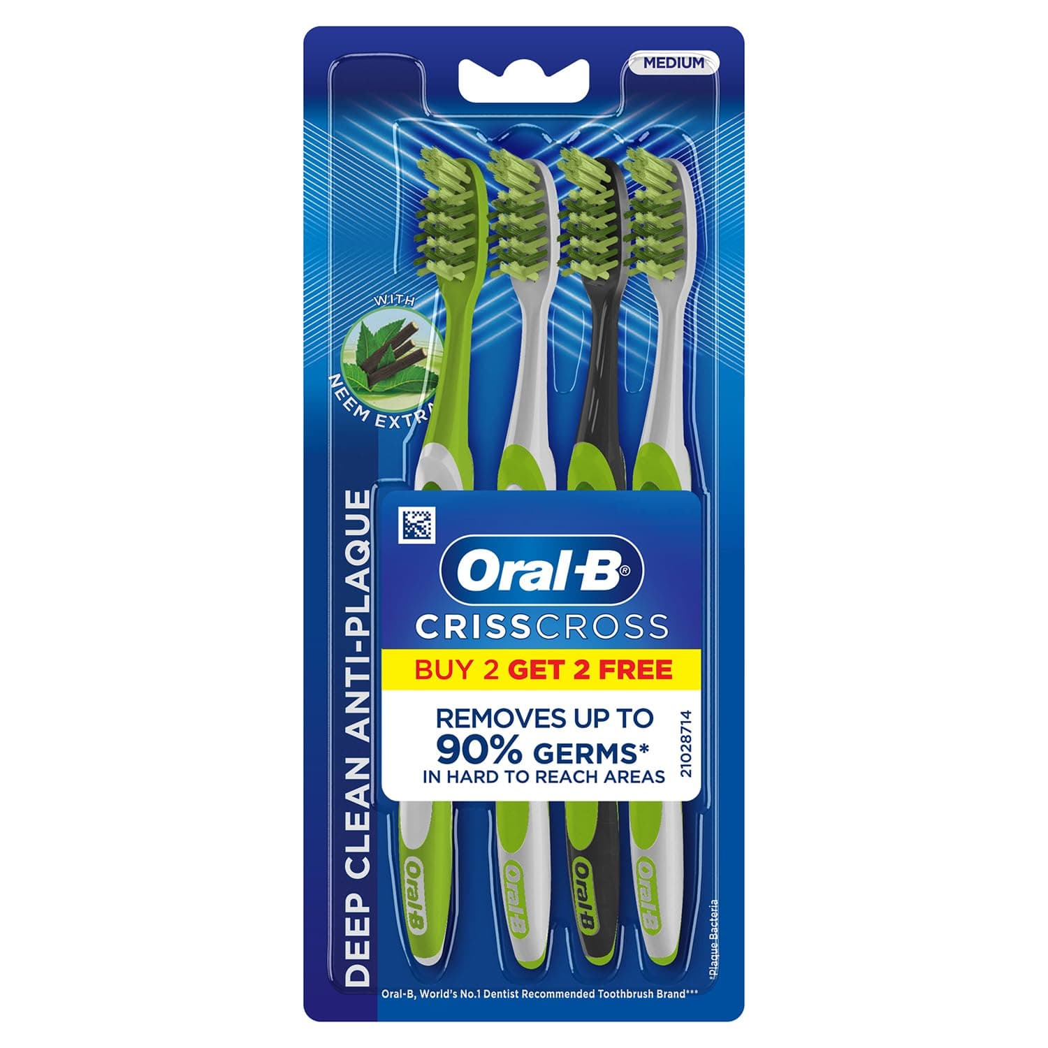 Criss Cross Adult Manual Toothbrush With Neem Extract, Medium (Buy 2 + 2 Free), Green