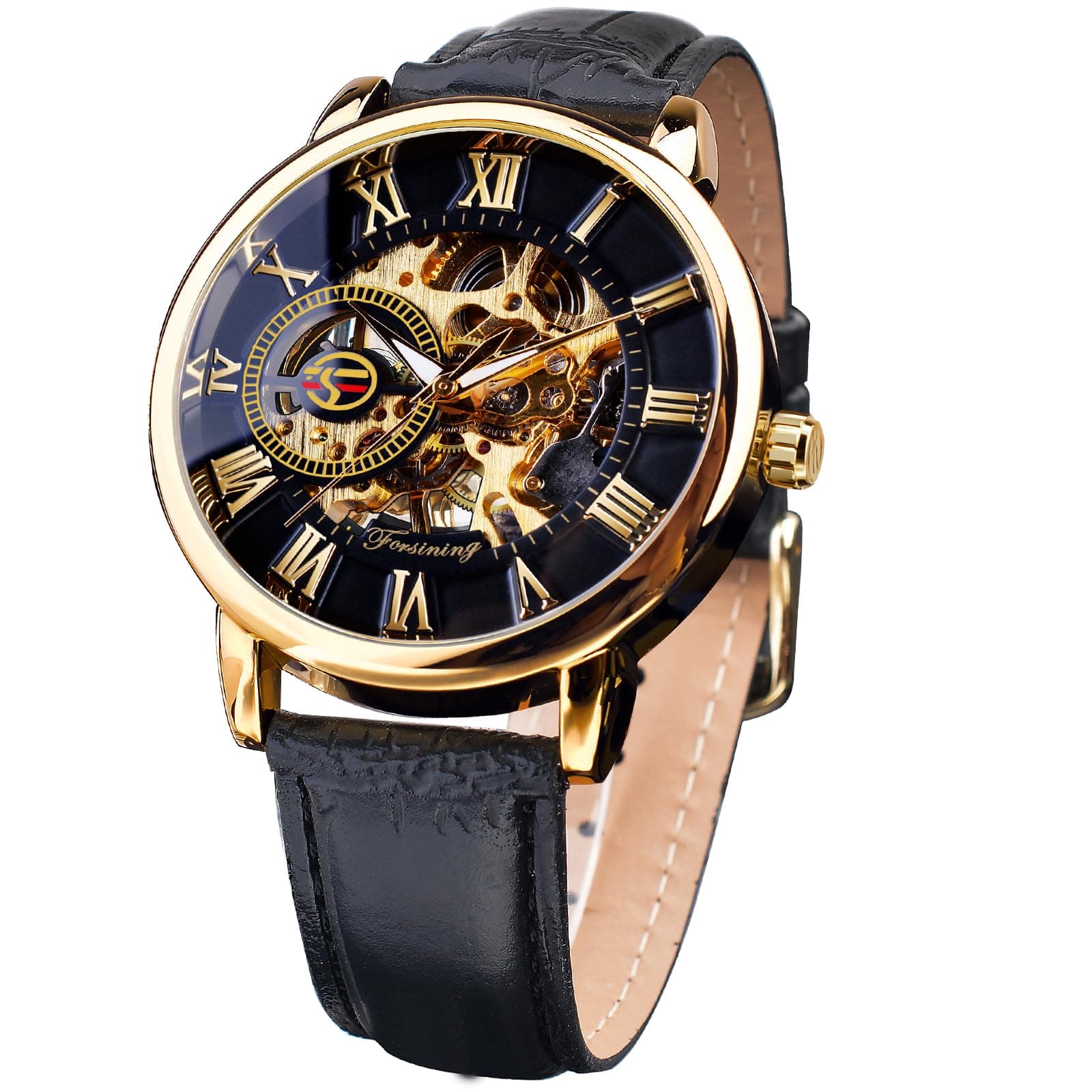 FORSINING Men's Skeleton Watch Steampunk Watch Black Mechanical Watch for Men Minimalist Retro Design Mechanical Skeleton Wrist Watch Transparent
