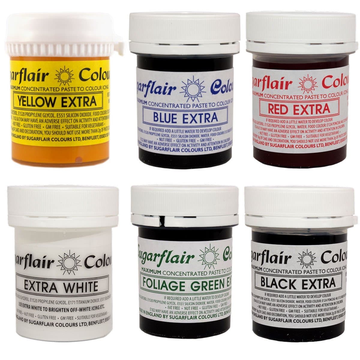 Sugarflair - Set of 6 Extra Concentrated Food Colours - A perfect pack for cake decoration