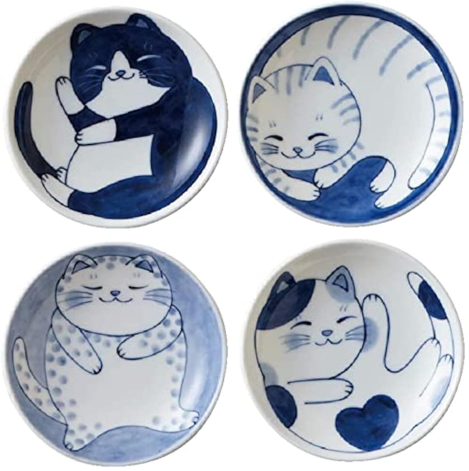 Japanese Small Plate Set Ceramic Cute Cats Design Appetizer Dessert Sushi Sauce 3.94 x 0.8 Inches Set of 4