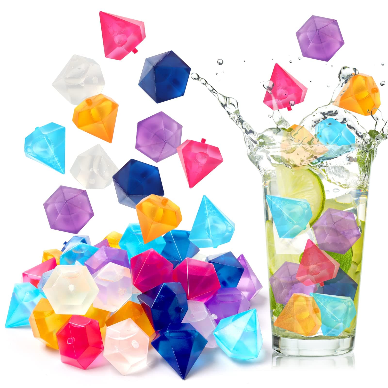 40 Pack Reusable Plastic Ice Cubes Diamond Shape Reusable Frozen Ice Cubes for Drinks Wine Beer Whiskey, Washable and Keep Drinks Cold Longer, Assorted Colors