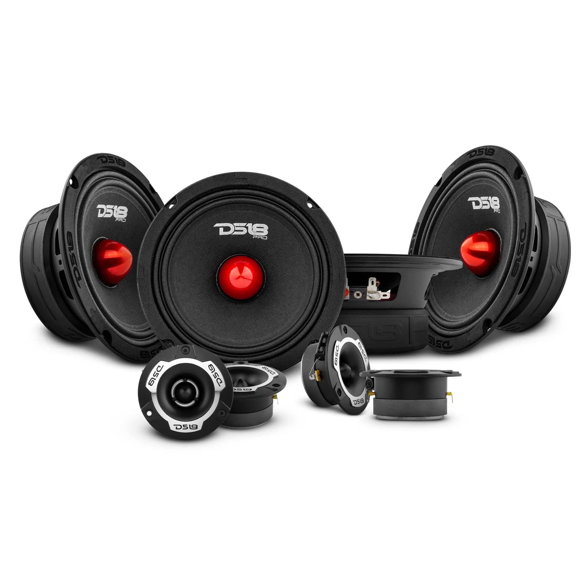 DS18 Bundle Car Speakers 4X PRO-GM6B 6.5" Midrange Speakers and 4X PRO-TWX1 Aluminum Super Tweeters - PRO Car Audio Component Package