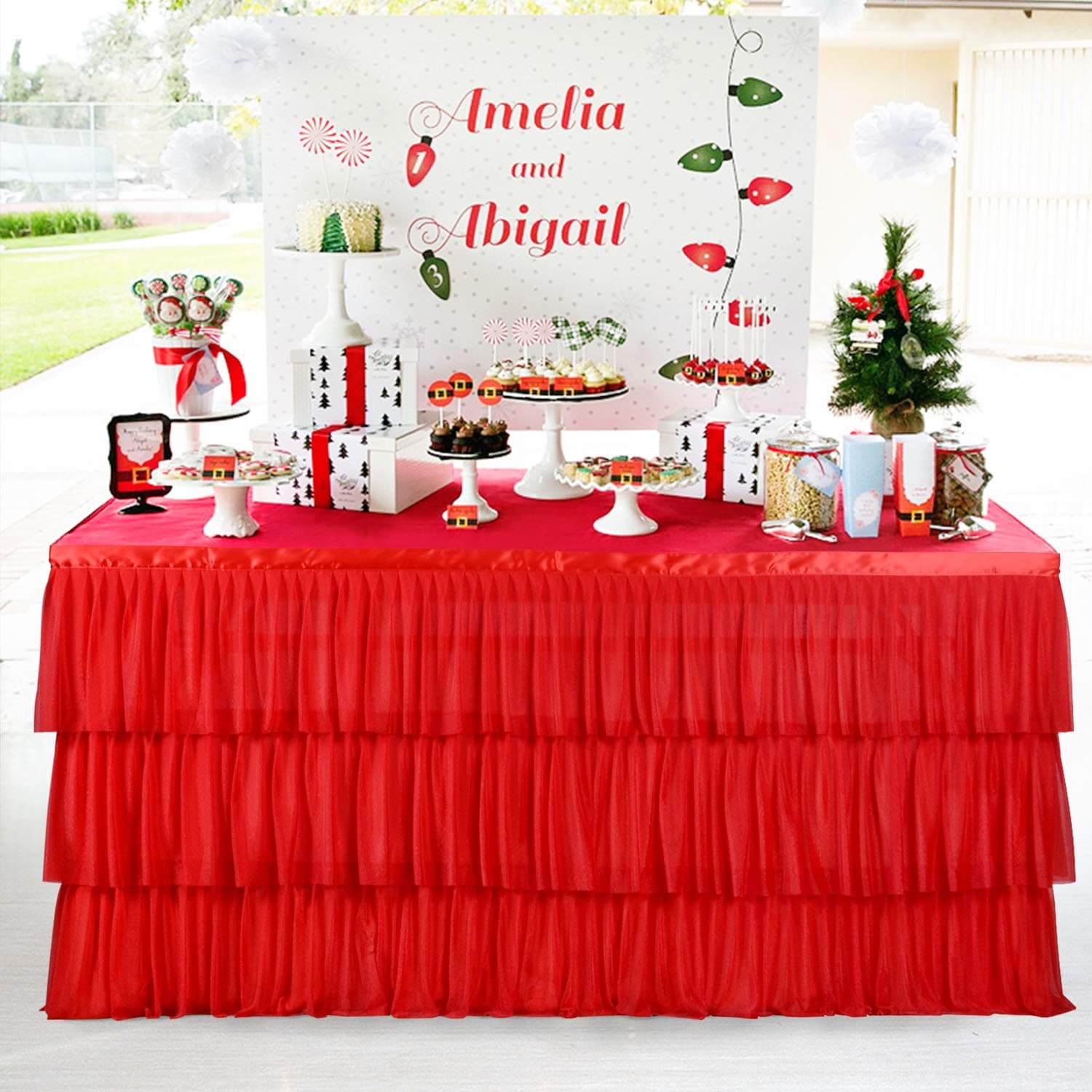 HBBMAGIC Tulle Table Skirt Red with 3 Tier Ruffle Tutu Table Skirting for Party, Meeting, Birthday, Wedding Decoration and Home Decor
