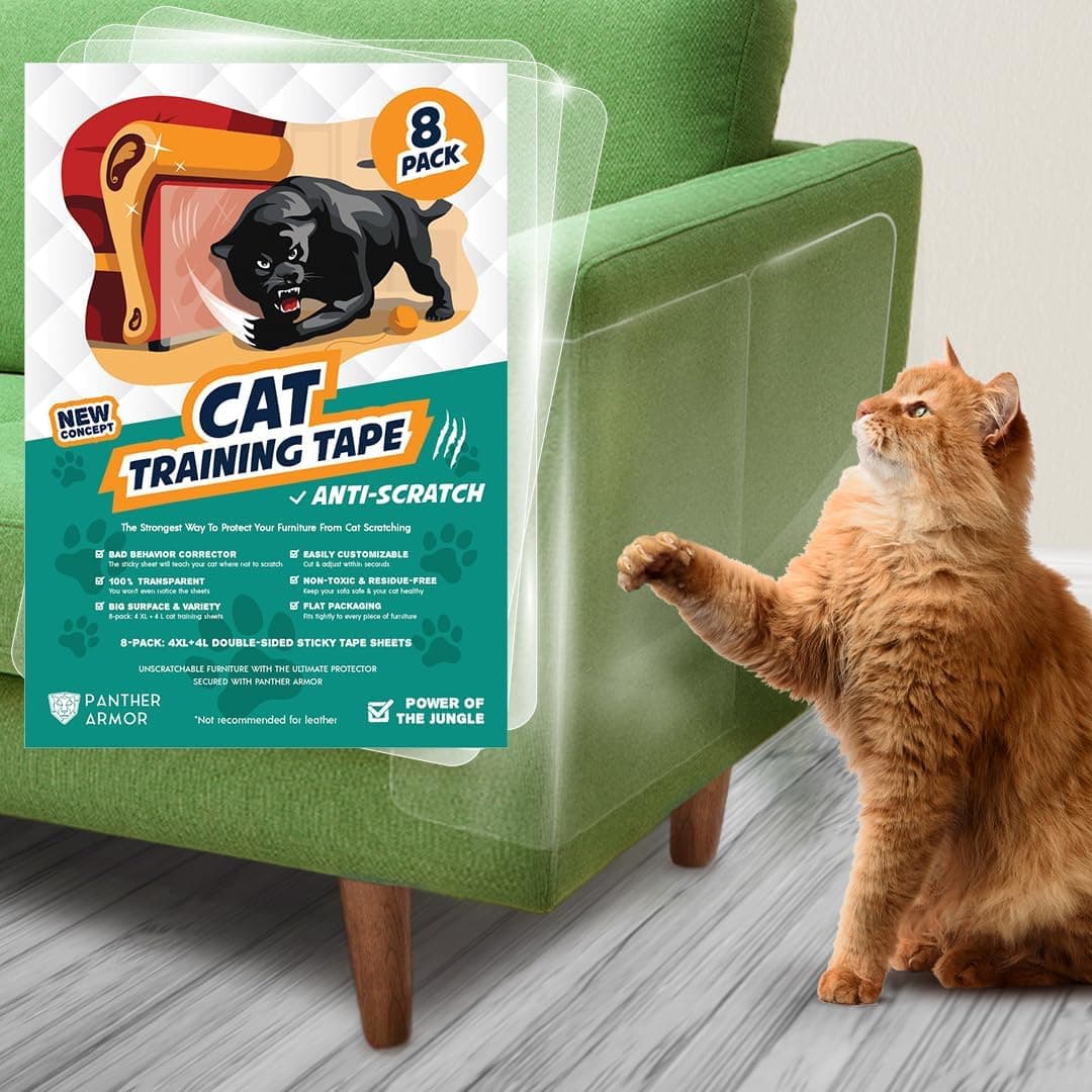 Panther Armor Cat Scratch Deterrent Tape – 8-Pack Double Sided Sofa Anti Scratching Sticky Tape – 4-Pack XL + 4-Pack L Couch Corner Anti Cat Scratch Furniture Protector from Cats - Cat Couch Protector
