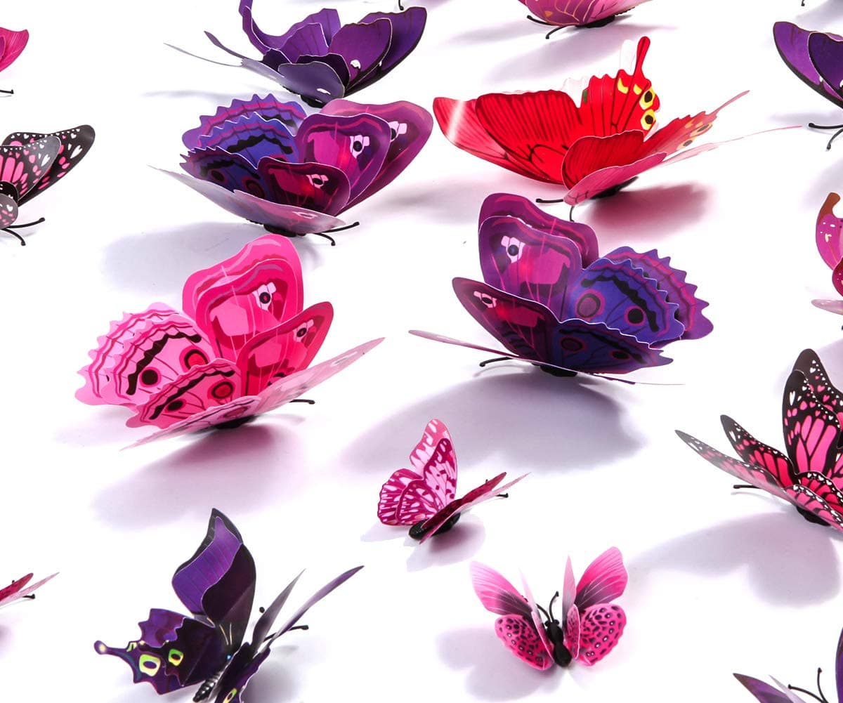 Butterfly Wall Decals 24Pcs 3D Butterflies Stickers Removable Mural Decor for Kids Room Bedroom Decor Living Room Decor (Purple)