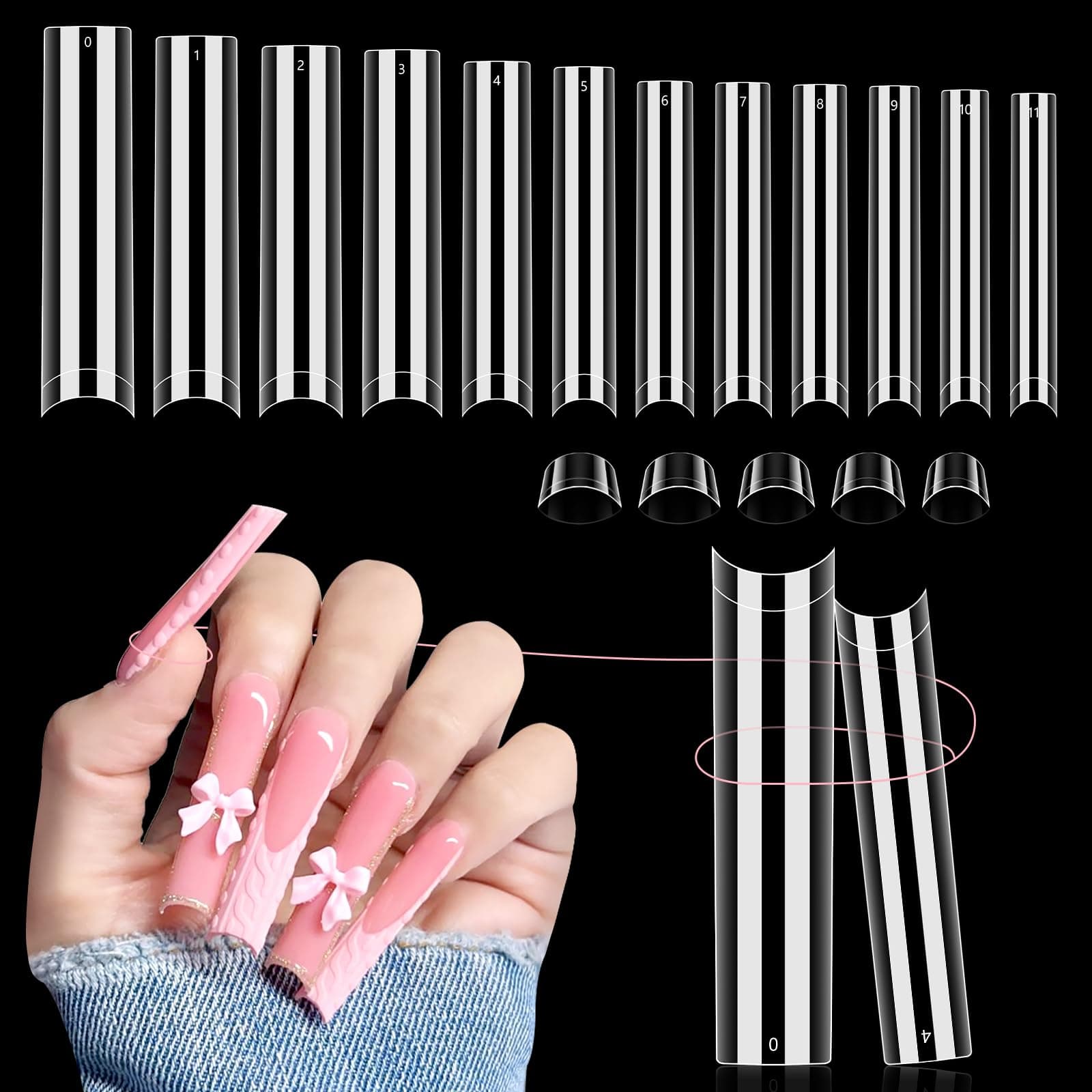 LIONVISON 504 PCS No C Curve Clear Nail Tips for Acrylic Nails Professional, 3XL Extra Long, 12 Sizes Half Cover Straight Tapered Square French Fake Nail Tips for Nail Salons Home DIY