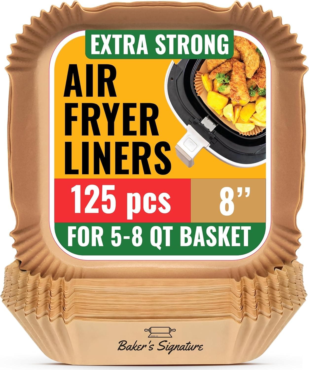 Baker's Signature Air Fryer Paper Liners, 125 Count, Disposable Liners, Non-Stick, Oil Resistant, Easy to Clean, 8" Square for 5-8 Quart Baskets