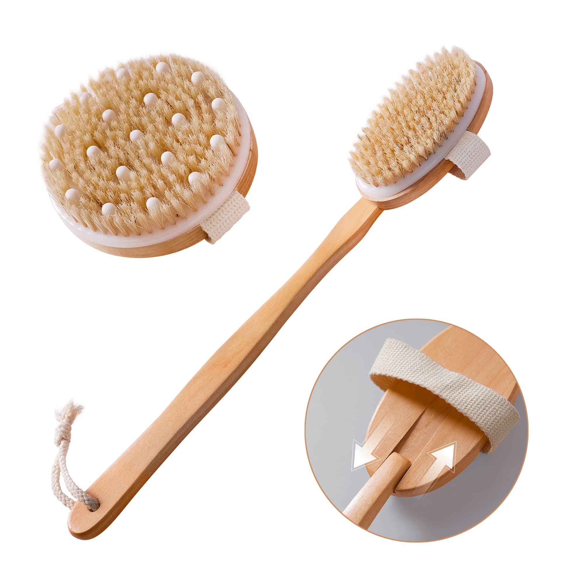 Dry Brushing Body Brush Set of 2, Natural Bristle Exfoliating Brush, Long Handle Back Scrubber, Improves Blood Circulation and Lymphatic Massage, Suitable for All Skin Types