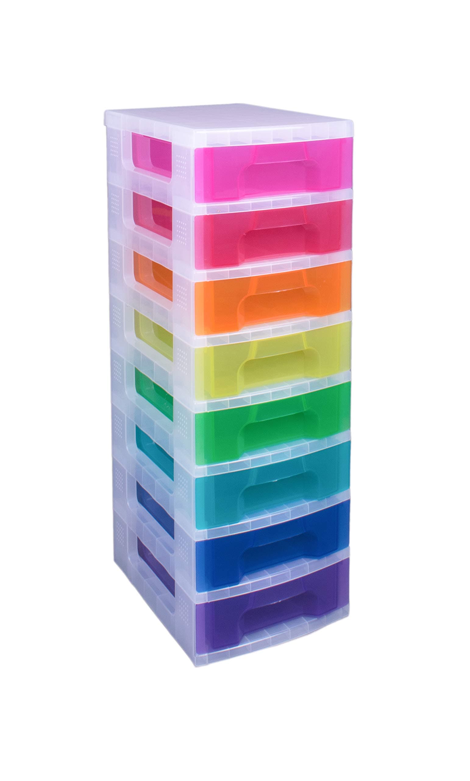 Really Useful Box Plastic Storage Storage Tower 8x7 Litre Clear Frame with Rainbow Drawers